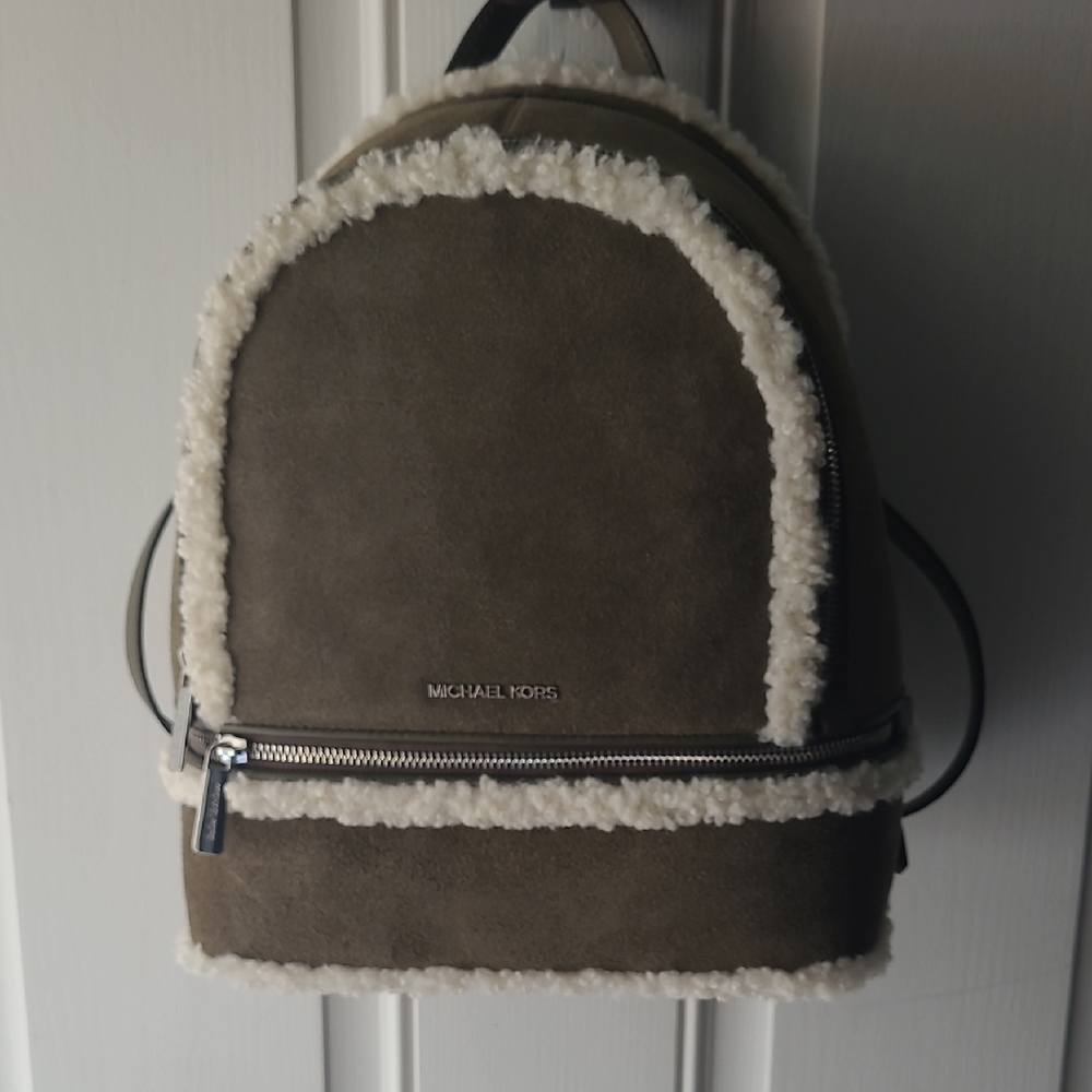 Michael Kors Rhea Suede & Shearling Backpack Purse Olive